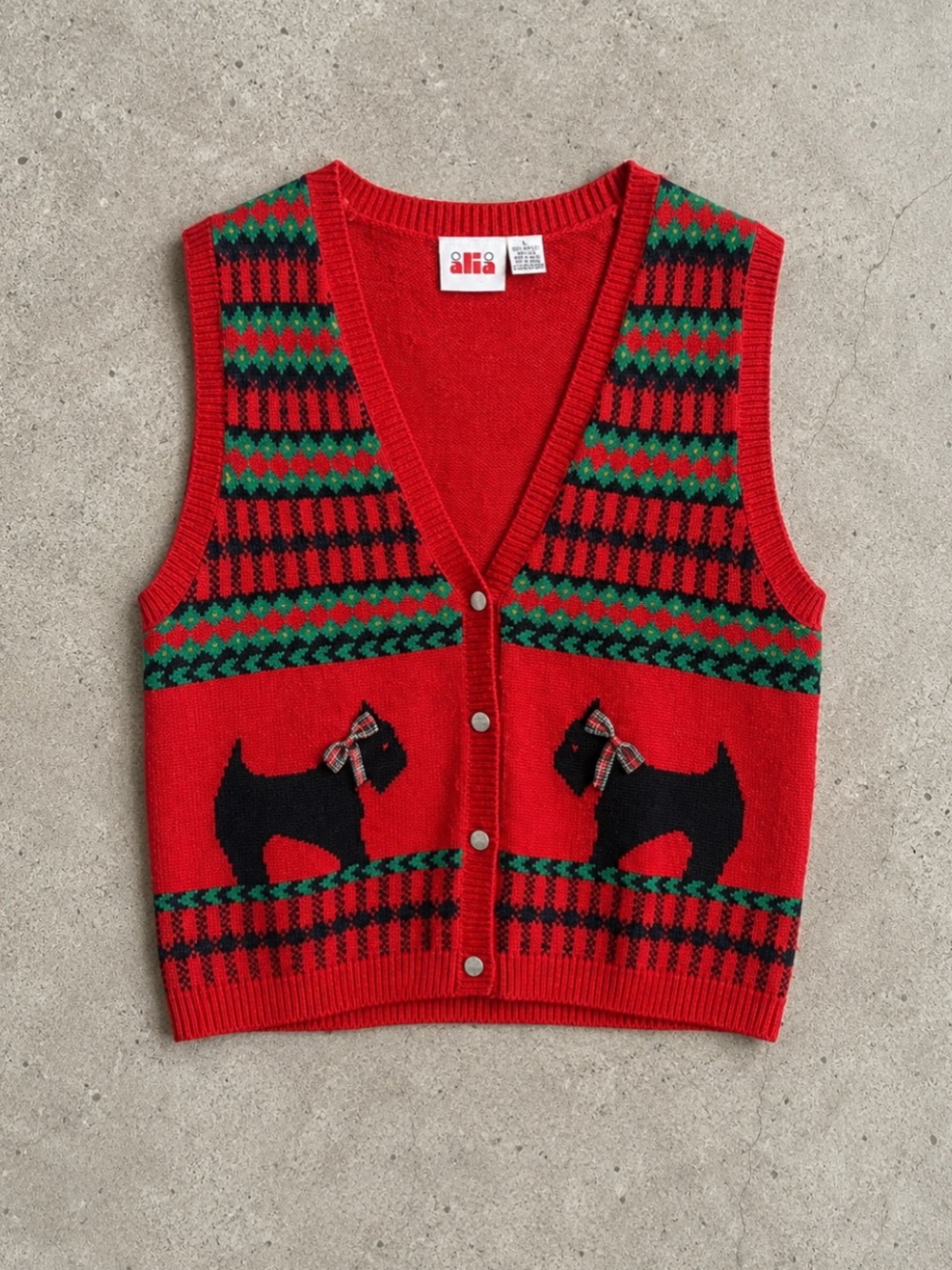 Alia Scottie Dog Christmas Sweater Vest Red Knit Button Front Size Large Vintage